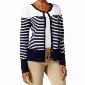 NWT Karen Scott Petites Navy & White Button Front Cardigan